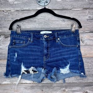 KanCan Jean Denim Cutoff Distressed Shorts Leopard Print Pockets Large Stretchy